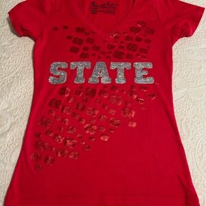 Red 'STATE' Graphic V-Neck Tee for Women- Glitter Accent, NC State Wolfpack